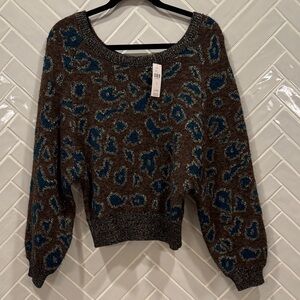 Anthropologie Blue and Brown Leopard Print Sweater
